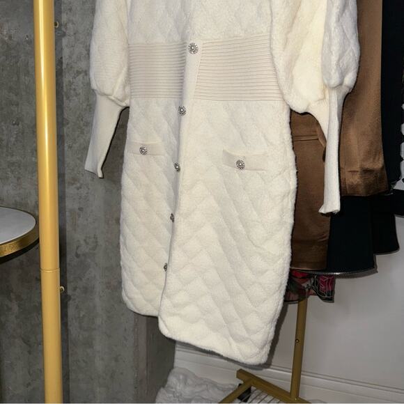 Express Embellished Button Front Mini Sweater Dress in Ivory/Off White - Picture 8 of 17